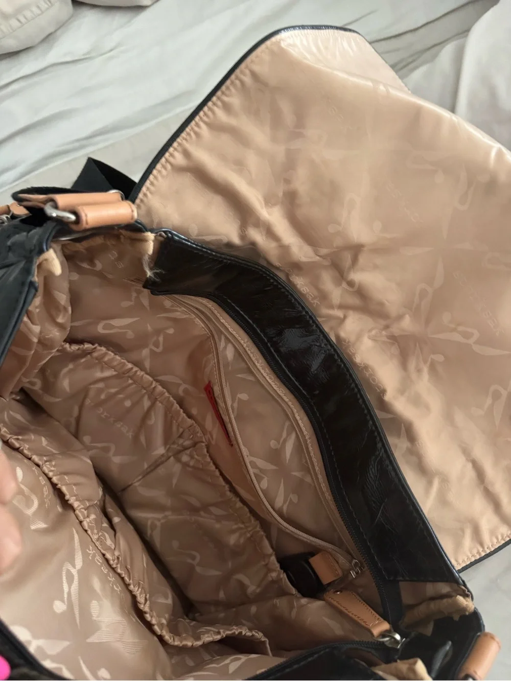 Black Patent diaper bag or Messenger Bag with Tan Accent